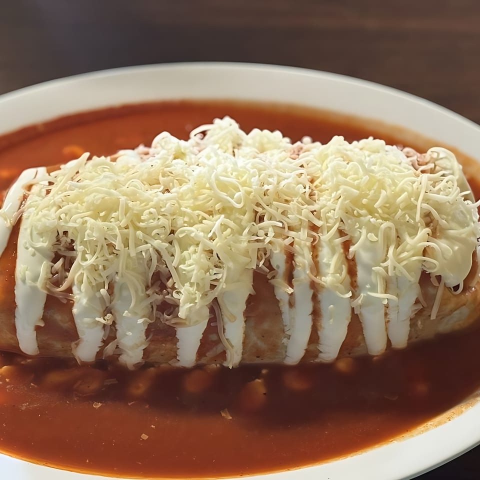A Mexican burrito smothered in red sauce, drizzled with crema, and topped with shredded cheese.